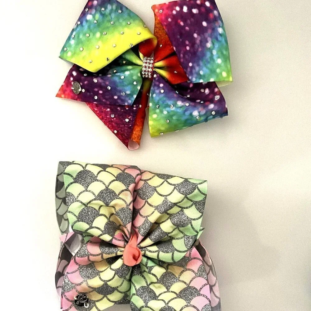 JOJO SIWA HAIR BOW SET, RAINBOW WITH RHINESTONES AND MERMAID PRINT 2 BOWS